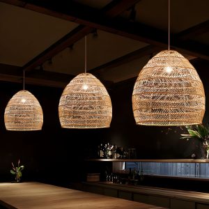 Bamboo Cloche Hanging Light Kit Tropical 1 Head 14/18 Wide Beige Pendant Lighting Fixture Pendant Lights