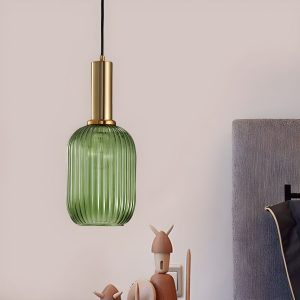 Pendant Lighting with Water Glass Shade in Green/Violet, and Angular Fixture Pendant Lights