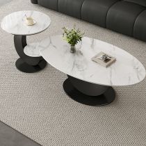 Minimalist Oblong Stone Table Top Nesting Side Table with 1 Shelf Coffee Tables