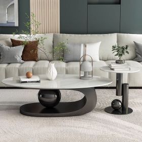 Elegant Stone Oval Coffee Table with Iron Block Base for Living Room Coffee Tables