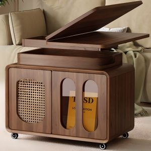 Versatile Chairside Table with Composite Wood Top and Wheel Base in White/Brown/Wood Grain, Featuring Rollers, Rectangular/Orbicular Tray Top, and Shelf End & Side Tables