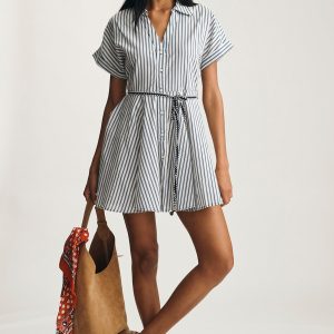 TIE-WAIST MINI SHIRTDRESS IN NAVY STRIPE PRINT
