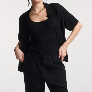 SHORT SLEEVE POLO CARDIGAN IN BLACK