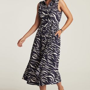TIE-WAIST MIDI SHIRTDRESS IN DARK NAVY ZEBRA PRINT