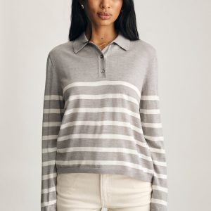 EDITION MERINO WOOL POLO SWEATER IN LIGHT GREY MELANGE STRIPE