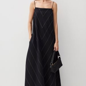 CAMI STRAP MAXI DRESS IN BLACK BEIGE STRIPE