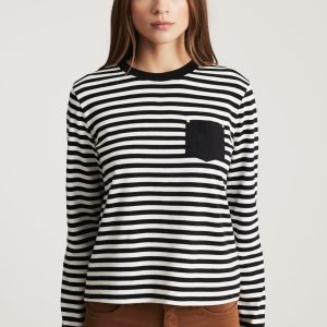 ONE POCKET LONG SLEEVE T-SHIRT IN BLACK WHITE STRIPE