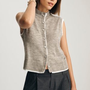 CARDIGAN SWEATER VEST IN MID GREY MELANGE
